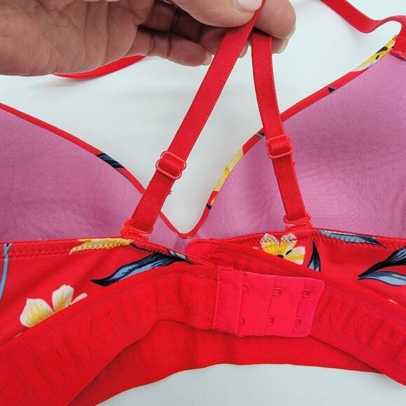 Pink Victorias Secret Wear Everywhere Wireless Lightly Lined Bra 32C Red Floral - Picture 5 of 14